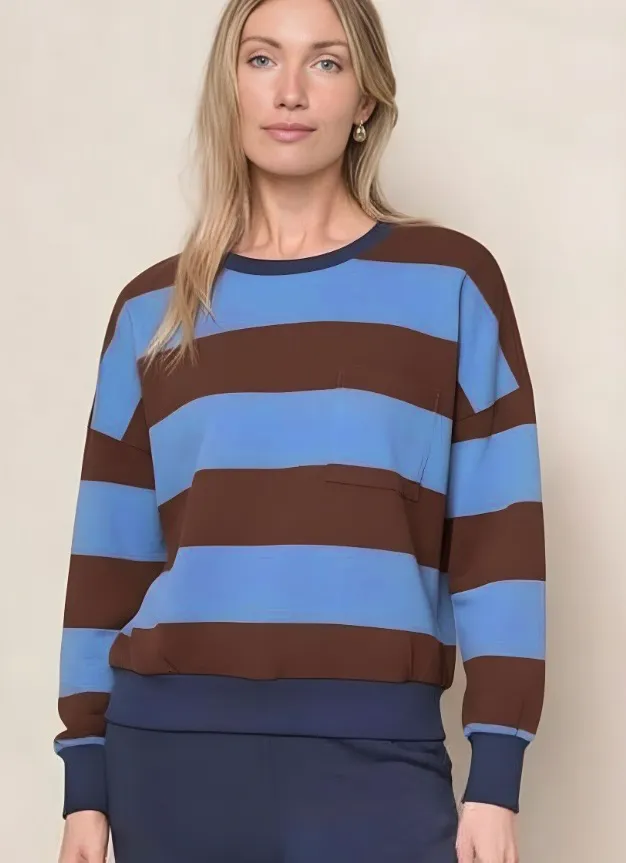 Wide Stripe Pique Oversized Sweatshirt Tee in Cabernet/Blue Topaz sold by Stateside
