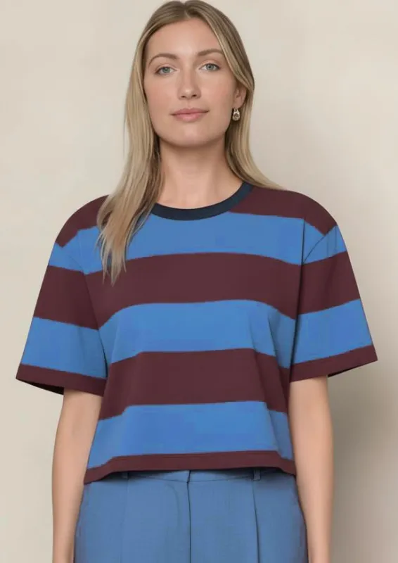 Wide Stripe Pique Short Sleeve Boxy Crew in Cabernet/Blue Topaz made by Stateside