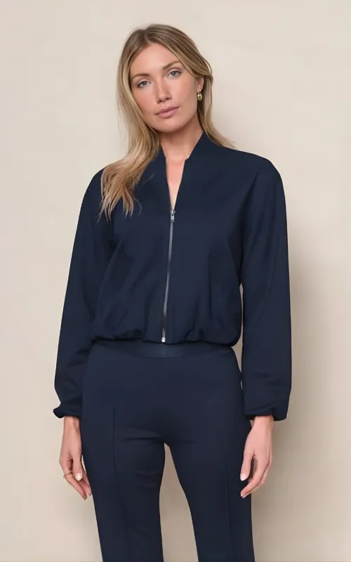 Luxe Ponte Bomber Jacket in New Navy sold by Stateside