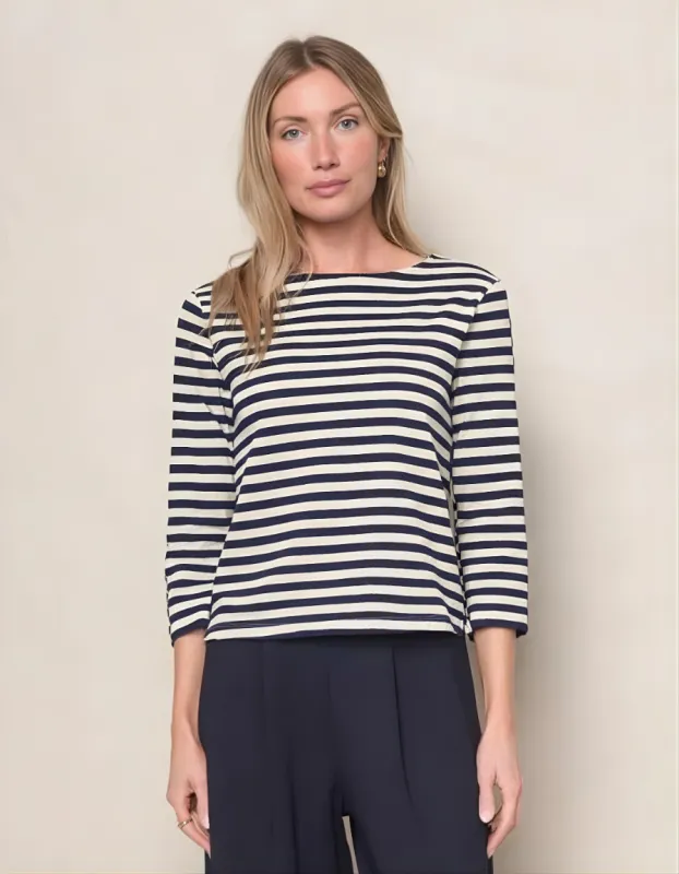 Preppy Stripe 3/4 Sleeve Boatneck Top in Cream sold by Stateside