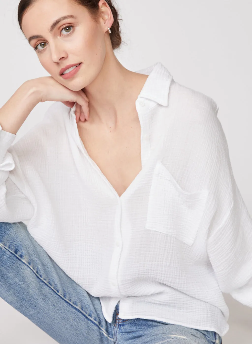 Gauze Long Sleeve Oversized Shirting Top in White sold by Stateside product image thumbnail 4