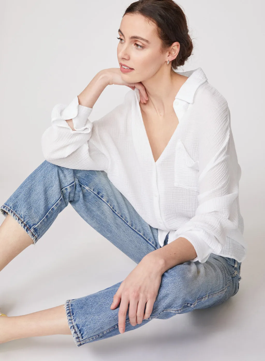 Gauze Long Sleeve Oversized Shirting Top in White sold by Stateside product image thumbnail 2