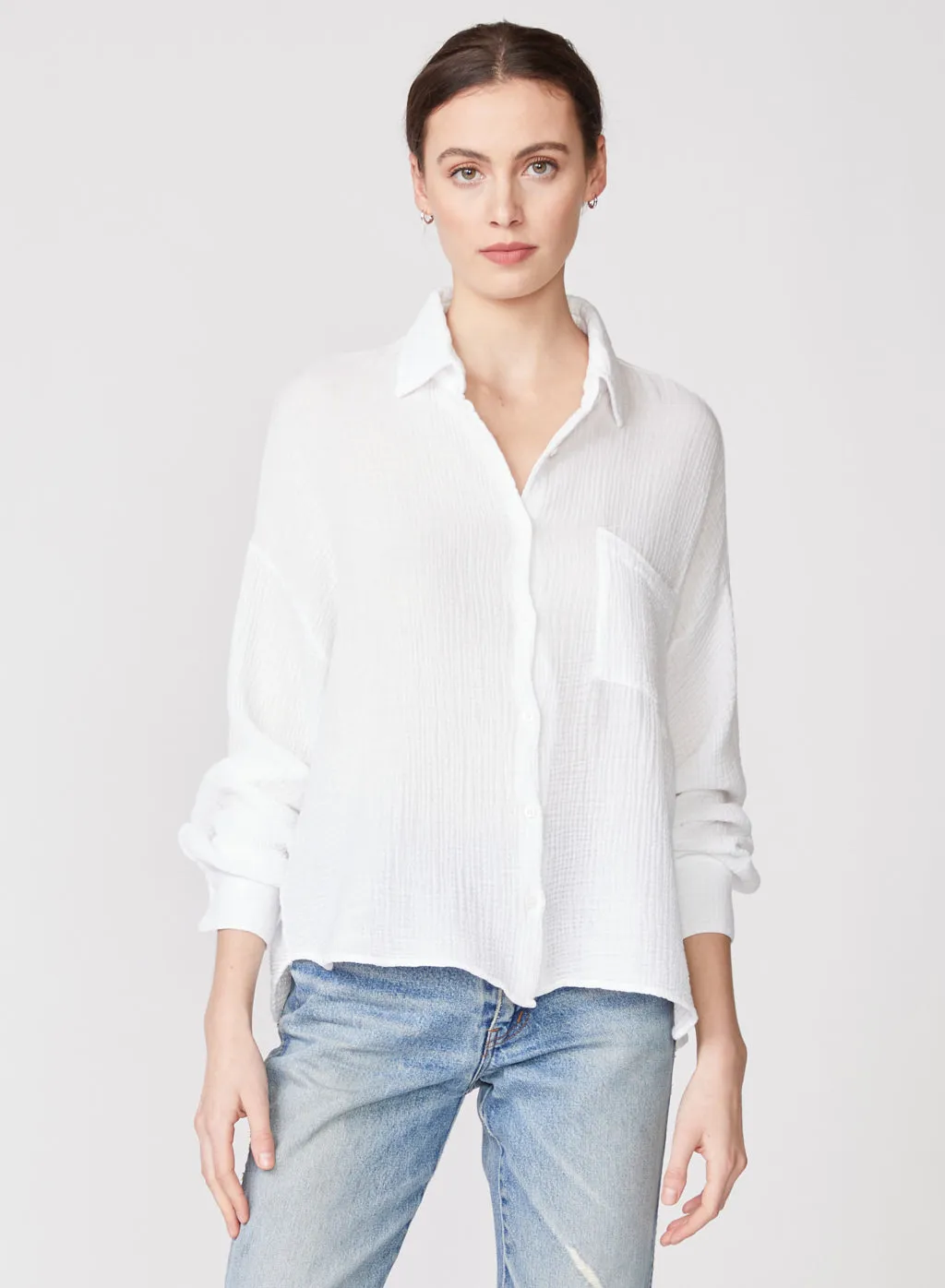 Gauze Long Sleeve Oversized Shirting Top in White sold by Stateside product image thumbnail 3