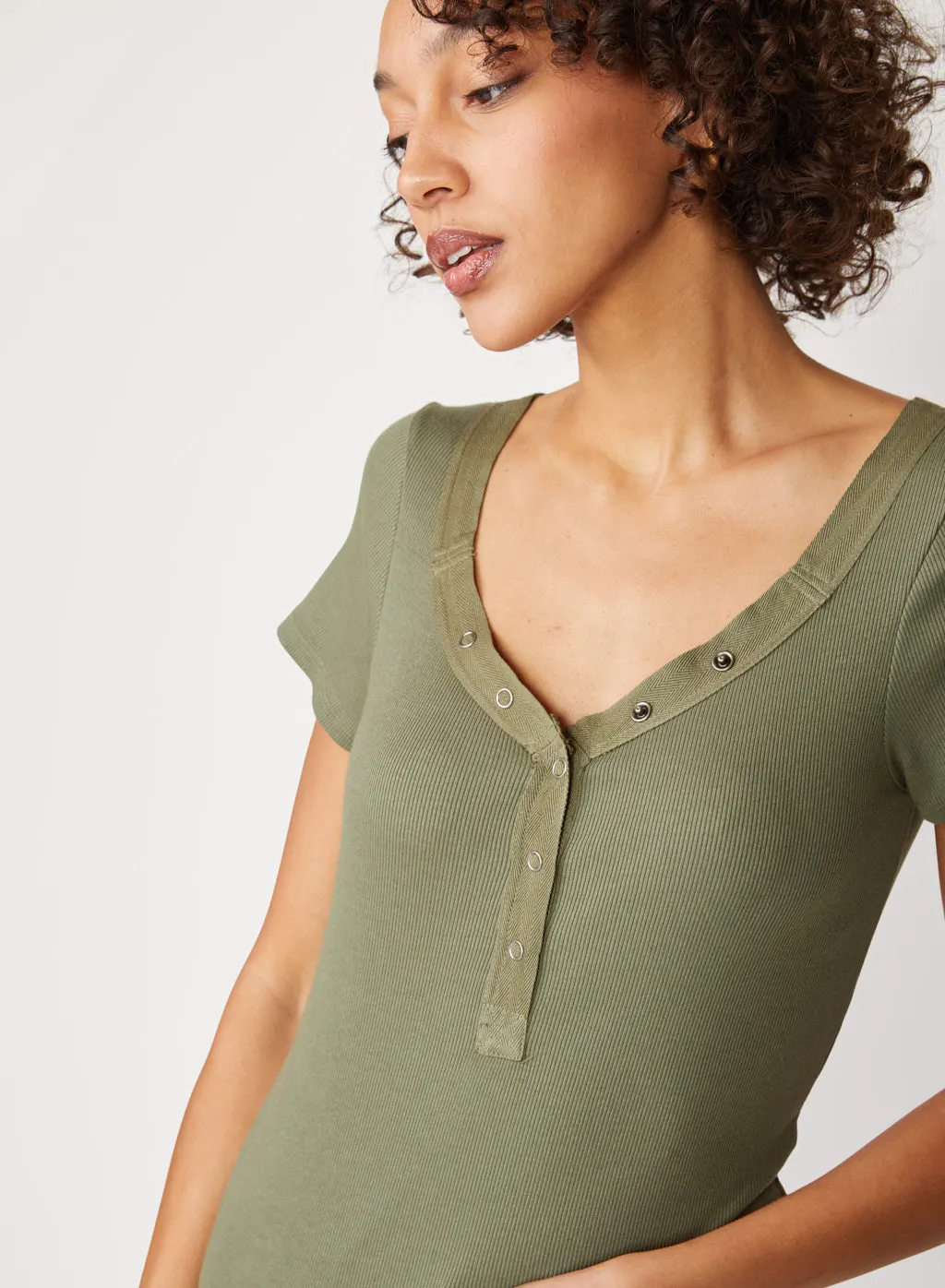 Stateside 2x1 Rib Short Sleeve Snap Front Top in Artichoke sold by Stateside