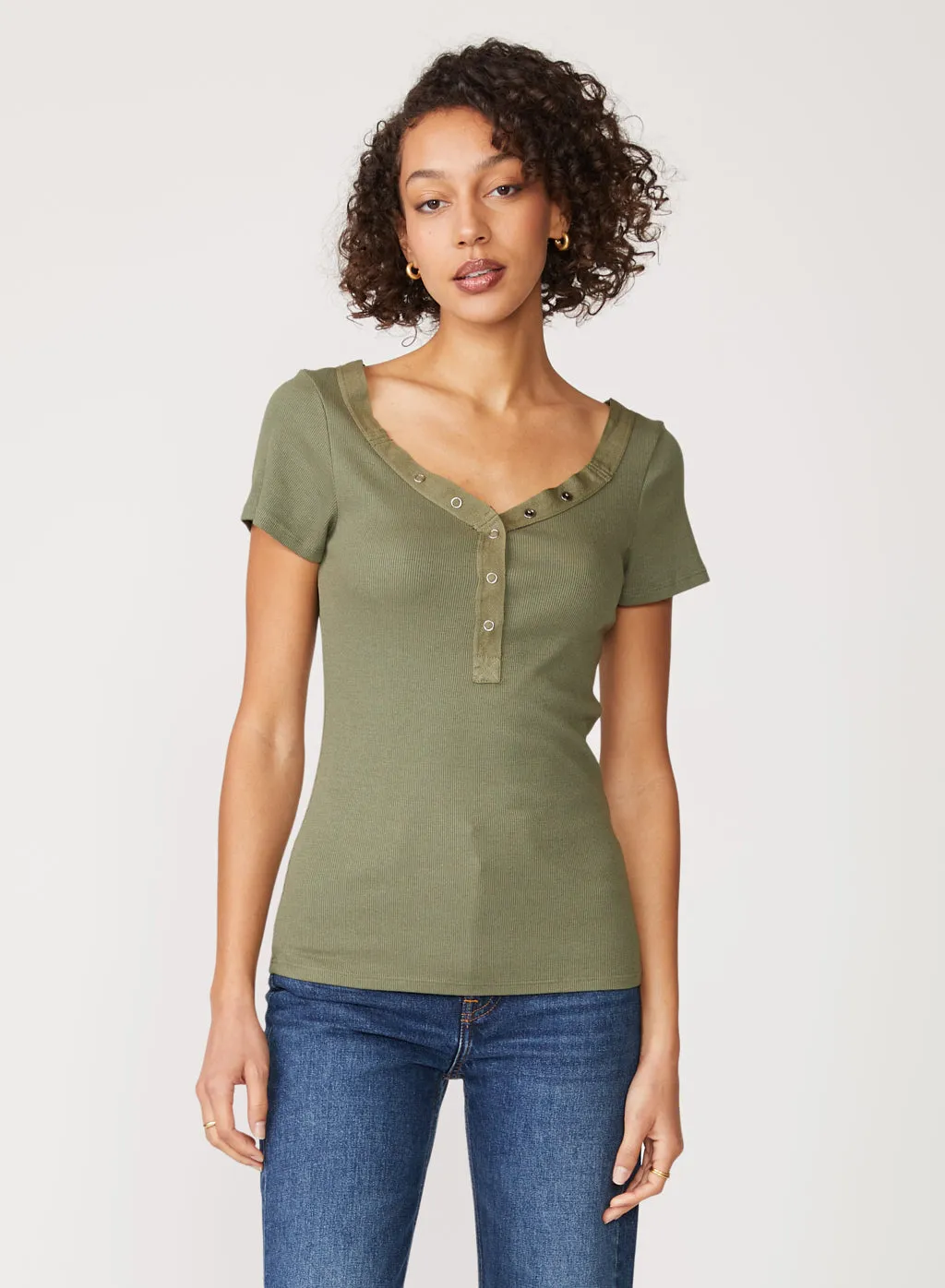 Stateside 2x1 Rib Short Sleeve Snap Front Top in Artichoke sold by Stateside product image thumbnail 2