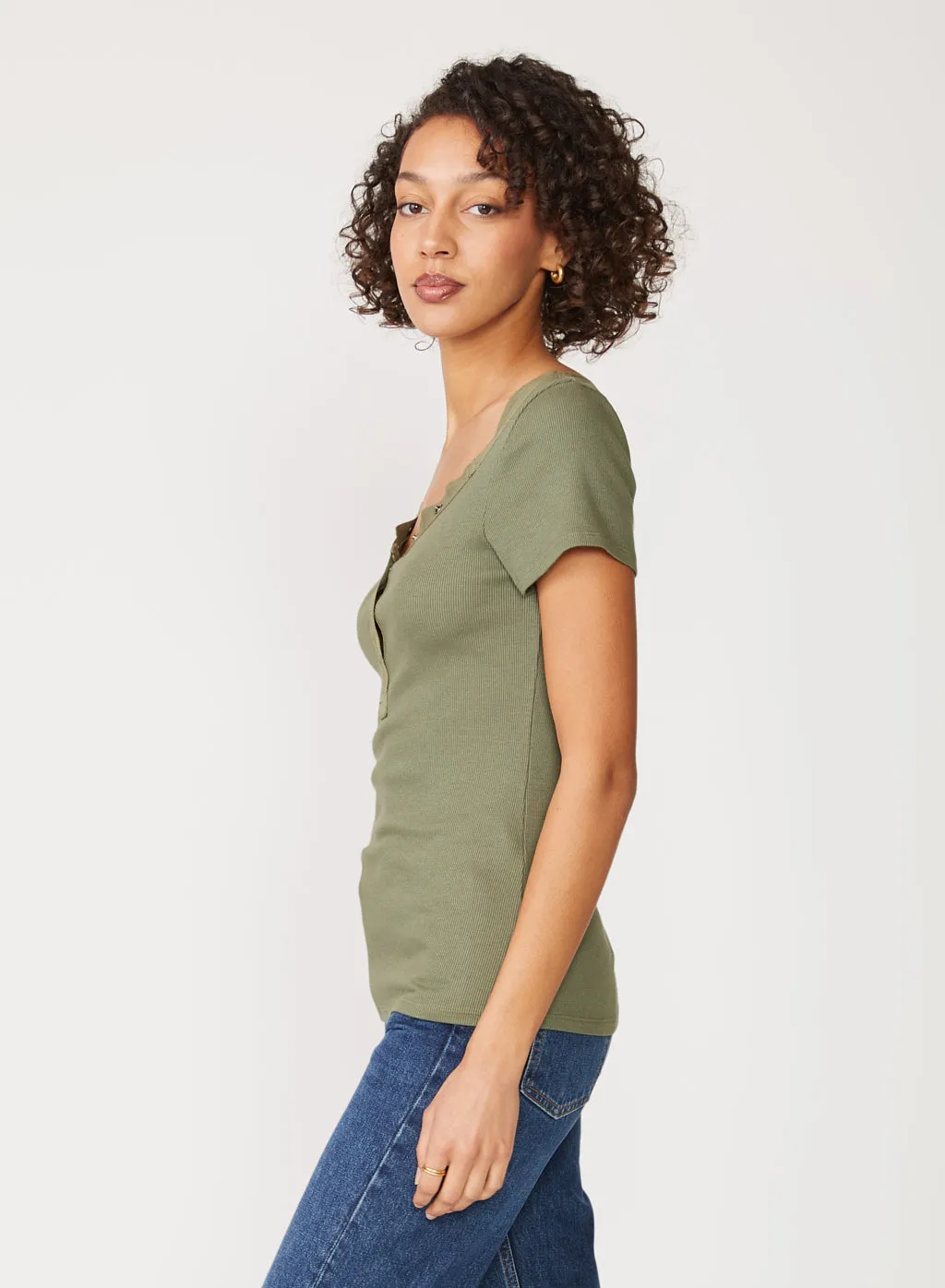 Stateside 2x1 Rib Short Sleeve Snap Front Top in Artichoke sold by Stateside product image thumbnail 3