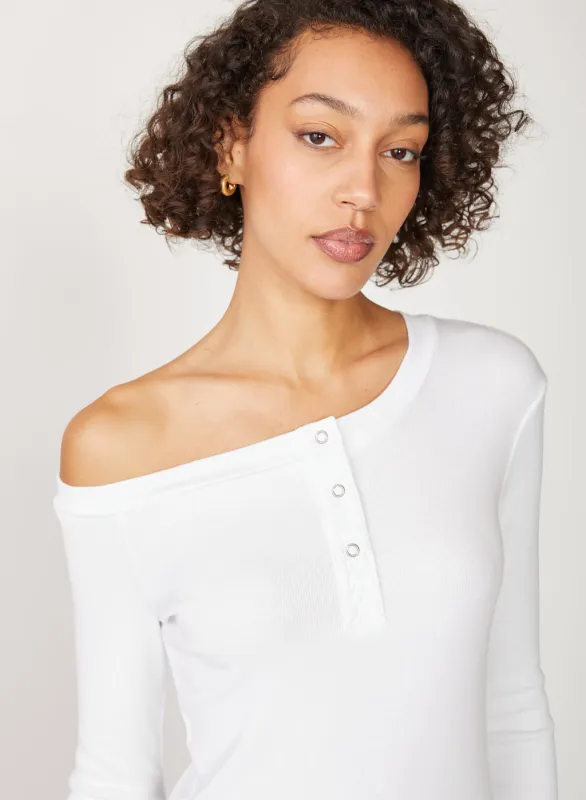 Stateside 2x1 Rib Long Sleeve Off-Shoulder Top in White made by Stateside