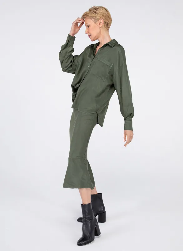 Viscose Satin Midi Skirt in Artichoke sold by Stateside