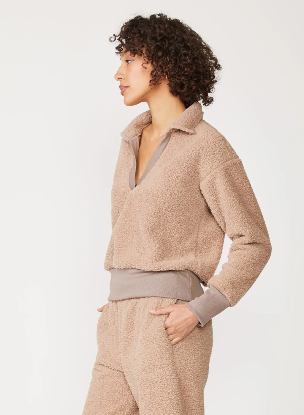 Double Faced Sherpa Long Sleeve Johnny Collar Top in Mocha sold by Stateside product image thumbnail 3
