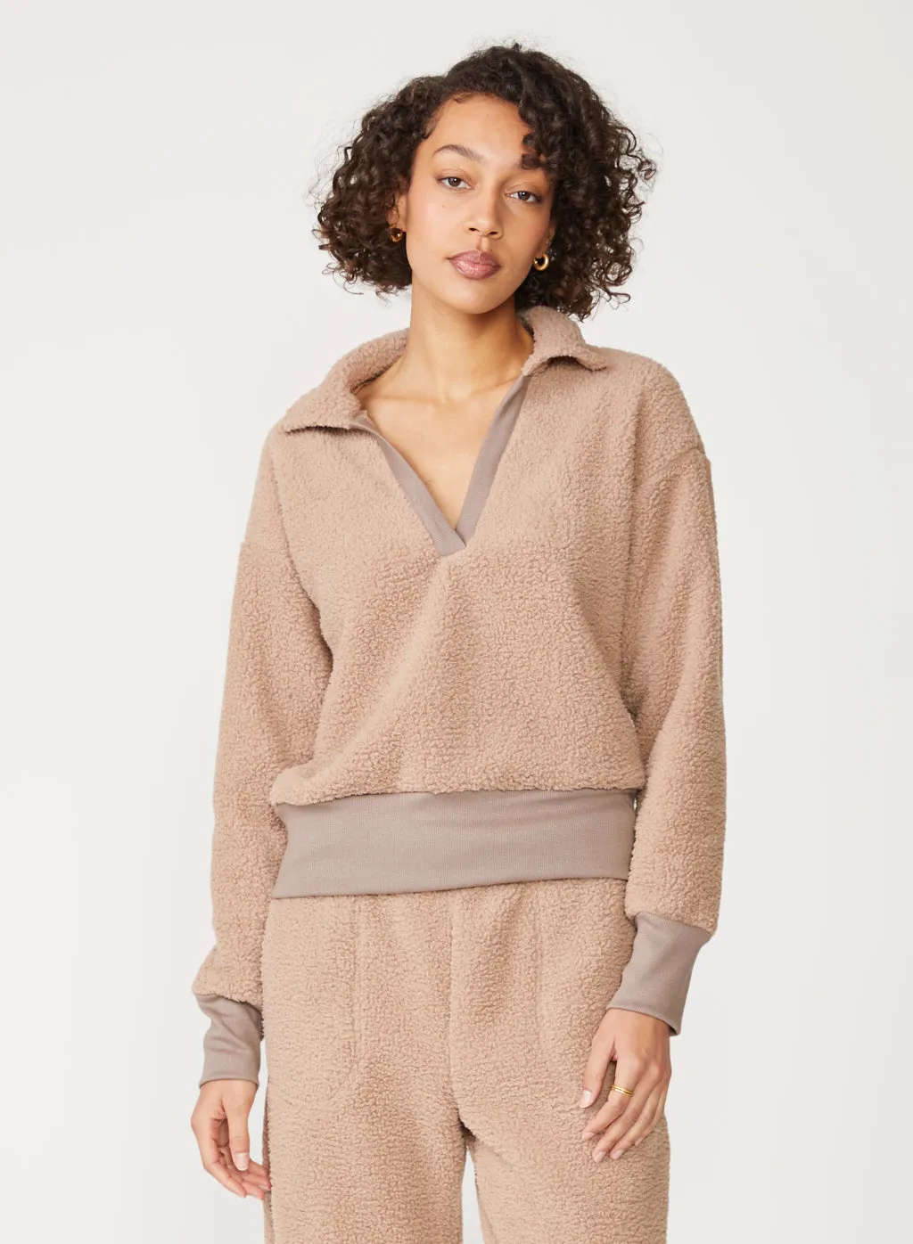 Double Faced Sherpa Long Sleeve Johnny Collar Top in Mocha sold by Stateside product image thumbnail 2