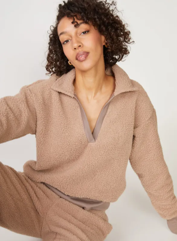 Double Faced Sherpa Long Sleeve Johnny Collar Top in Mocha made by Stateside