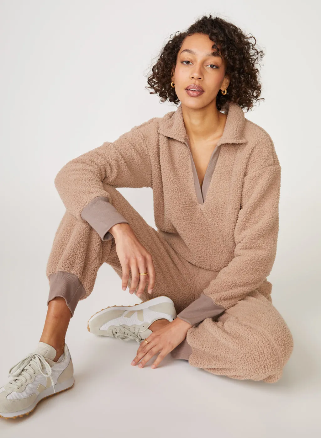 Double Faced Sherpa Long Sleeve Johnny Collar Top in Mocha sold by Stateside product image thumbnail 5