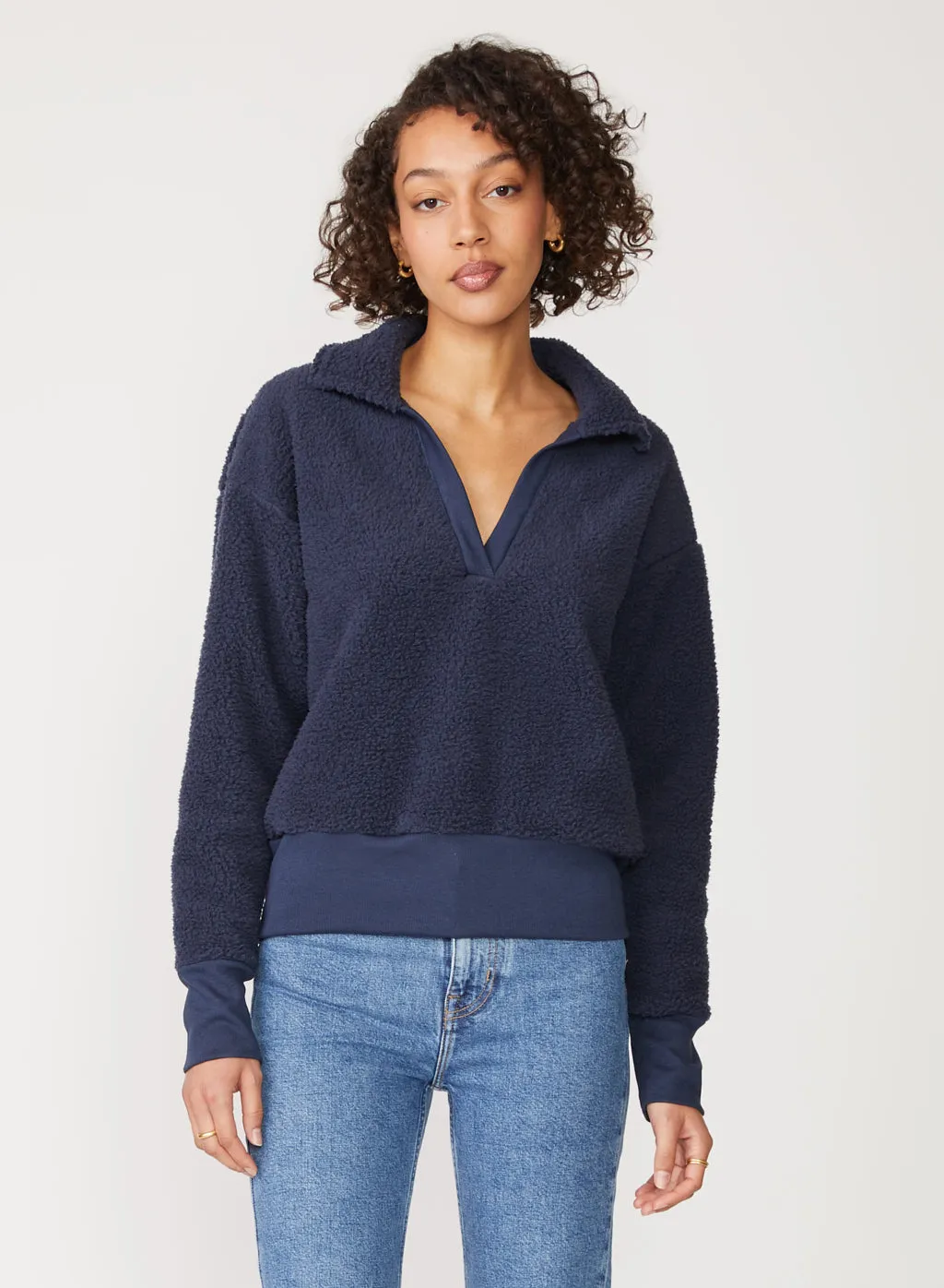 Double Faced Sherpa Long Sleeve Johnny Collar Top in New Navy sold by Stateside product image thumbnail 2