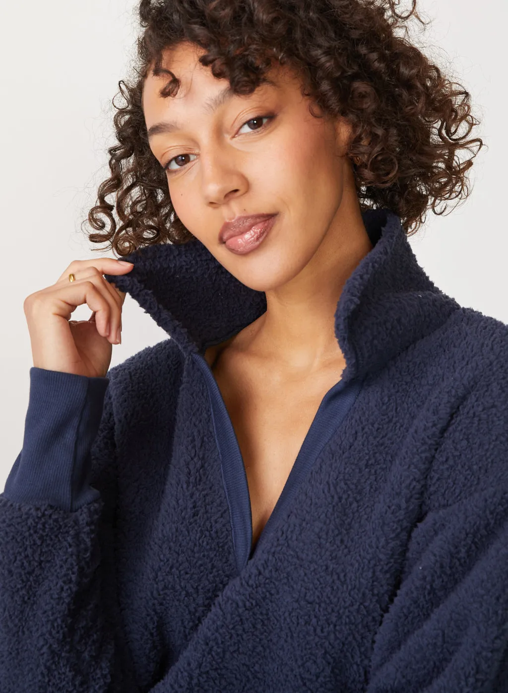 Double Faced Sherpa Long Sleeve Johnny Collar Top in New Navy sold by Stateside product image thumbnail 5