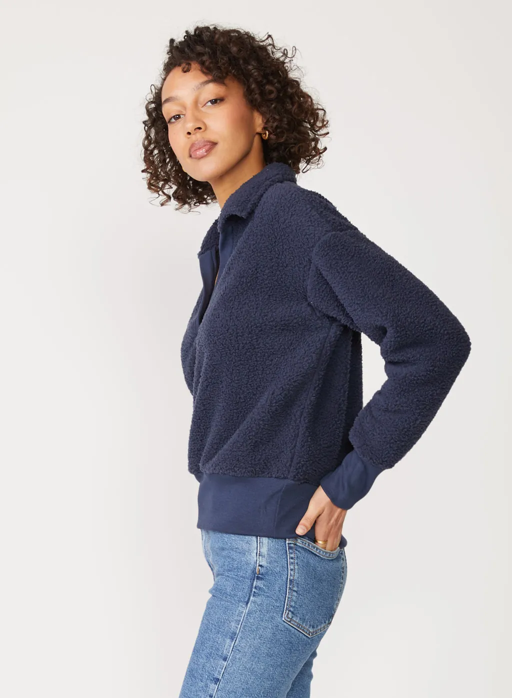 Double Faced Sherpa Long Sleeve Johnny Collar Top in New Navy sold by Stateside product image thumbnail 3