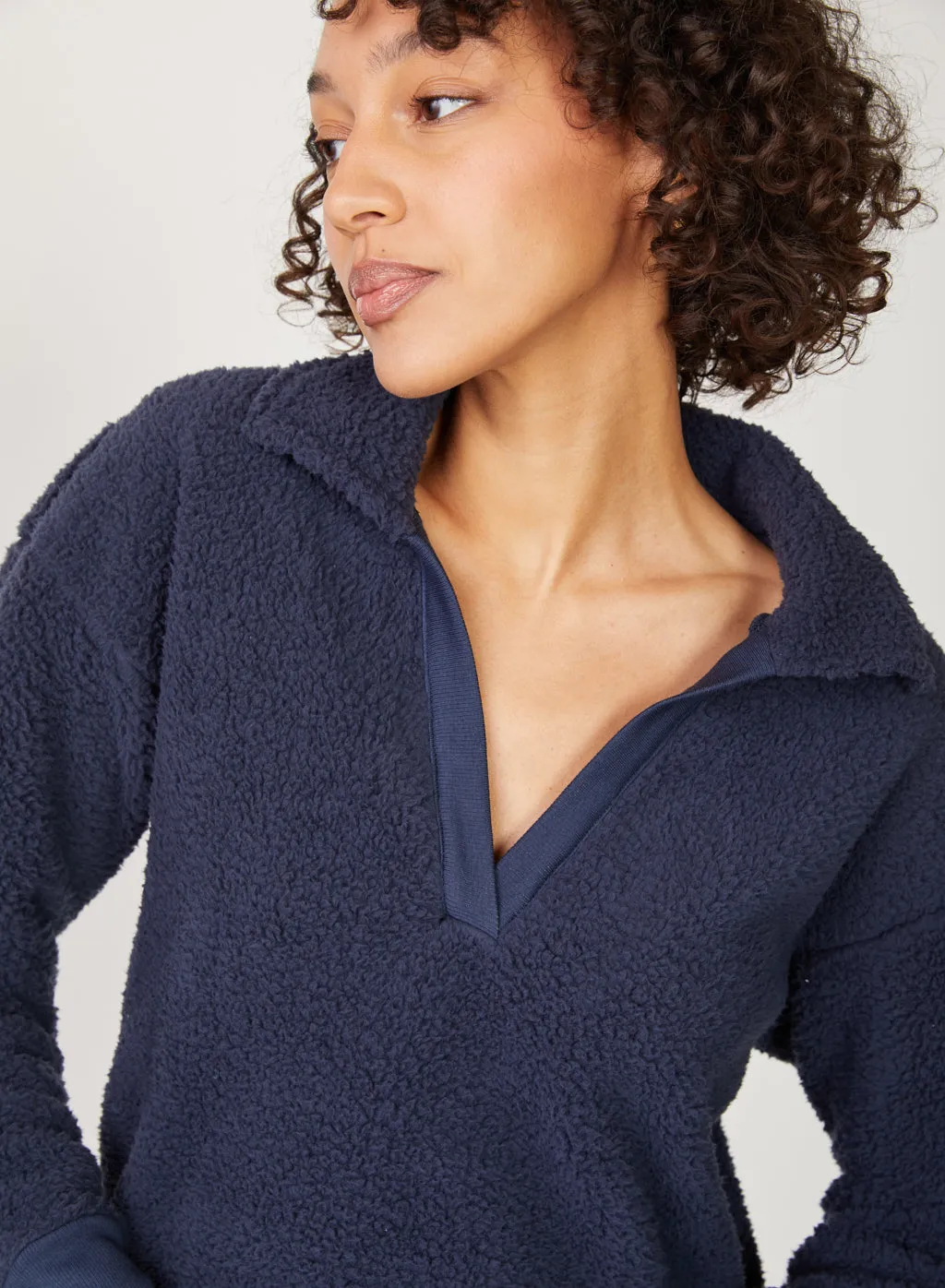 Double Faced Sherpa Long Sleeve Johnny Collar Top in New Navy sold by Stateside