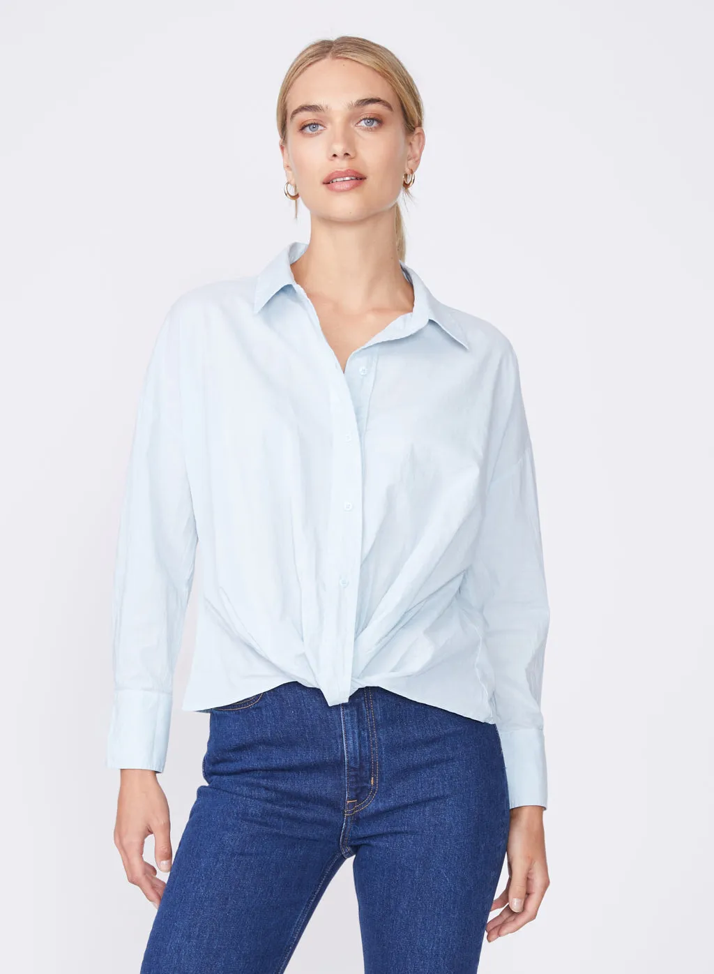 Poplin Long Sleeve Front Twist Shirt in Winter Sky sold by Stateside