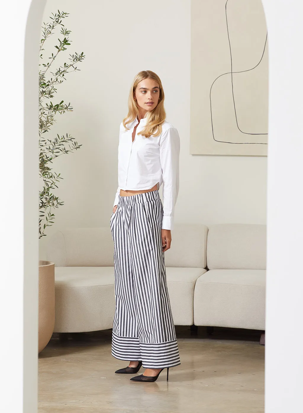 Mod Stripe Wide Leg Pant in Black / White Stripe sold by Stateside
