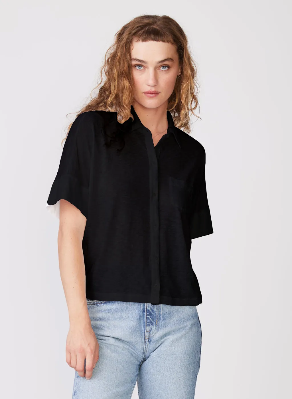Supima Slub Short Sleeve Pocket Shirt in Black sold by Stateside