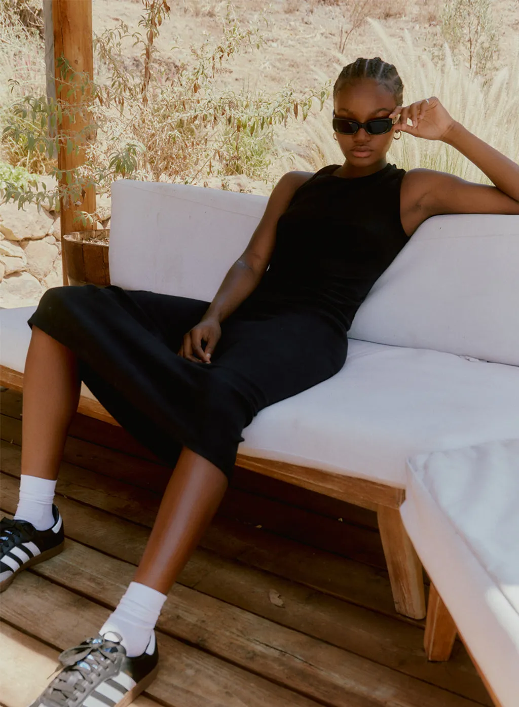 Stateside 2x1 Rib Asymmetric Back Midi Dress in Black sold by Stateside