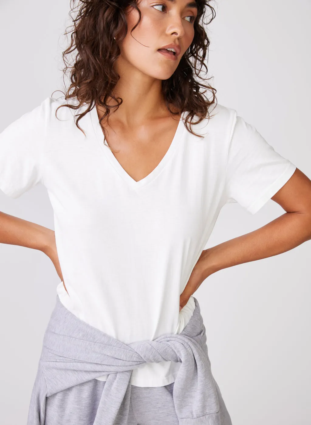 Stateside Cloud Jersey Short Sleeve Deep V-Neck in Paper sold by Stateside