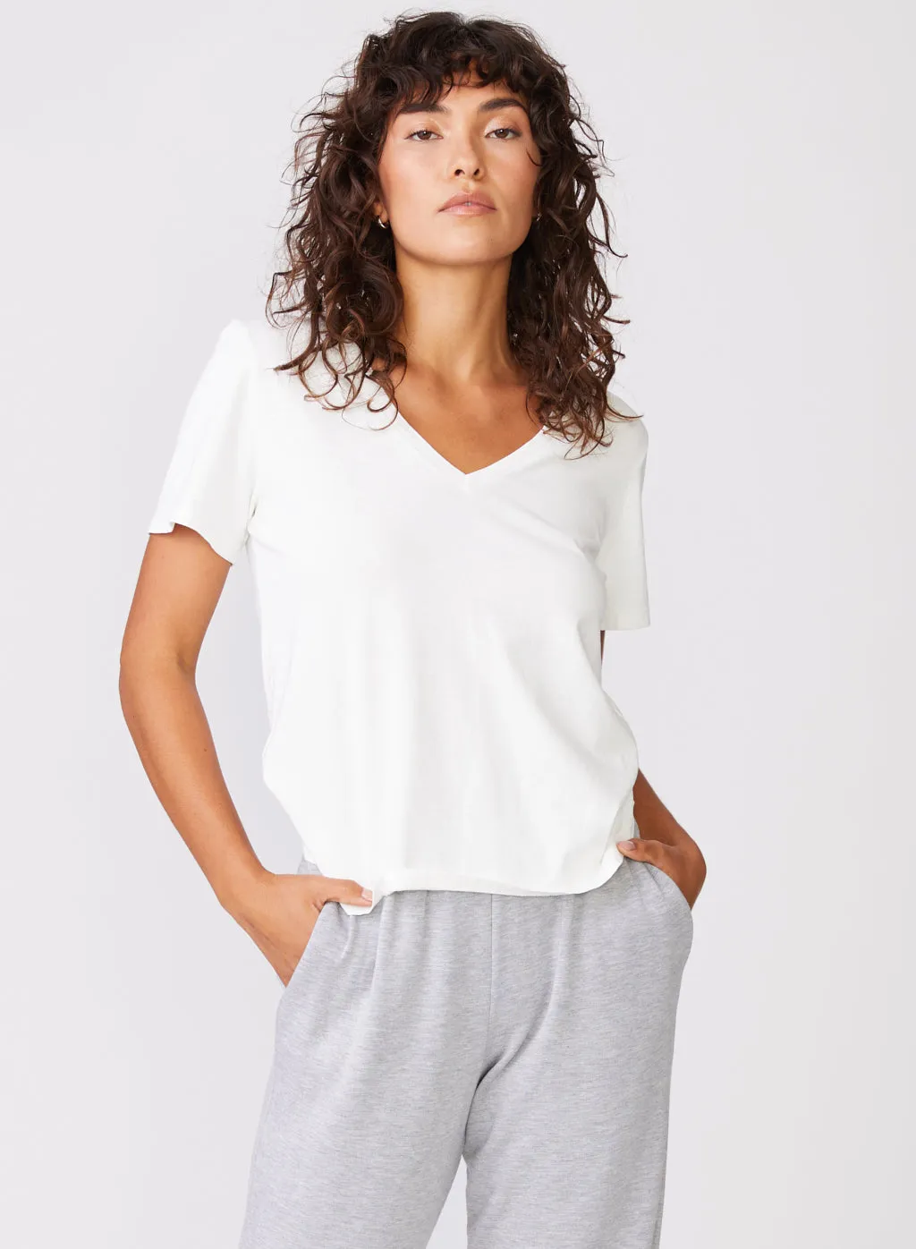 Stateside Cloud Jersey Short Sleeve Deep V-Neck in Paper sold by Stateside product image thumbnail 2