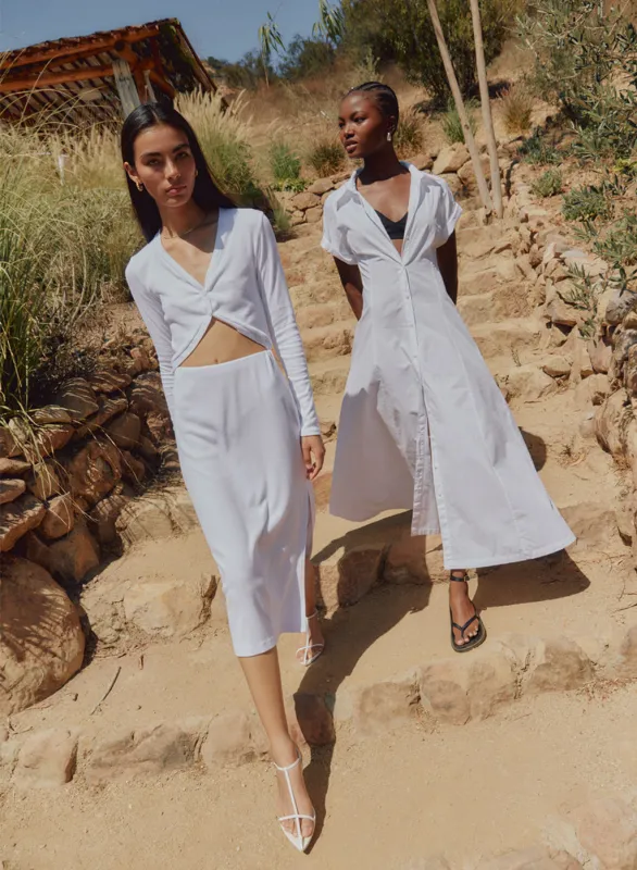 Structured Poplin Maxi Shirt Dress in White sold by Stateside