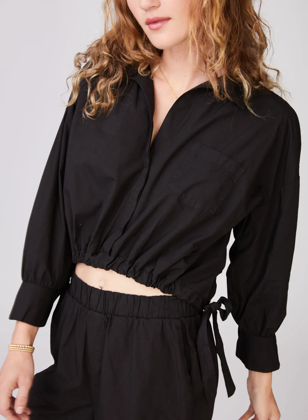 Structured Poplin Tie Hem Shirt in Black sold by Stateside