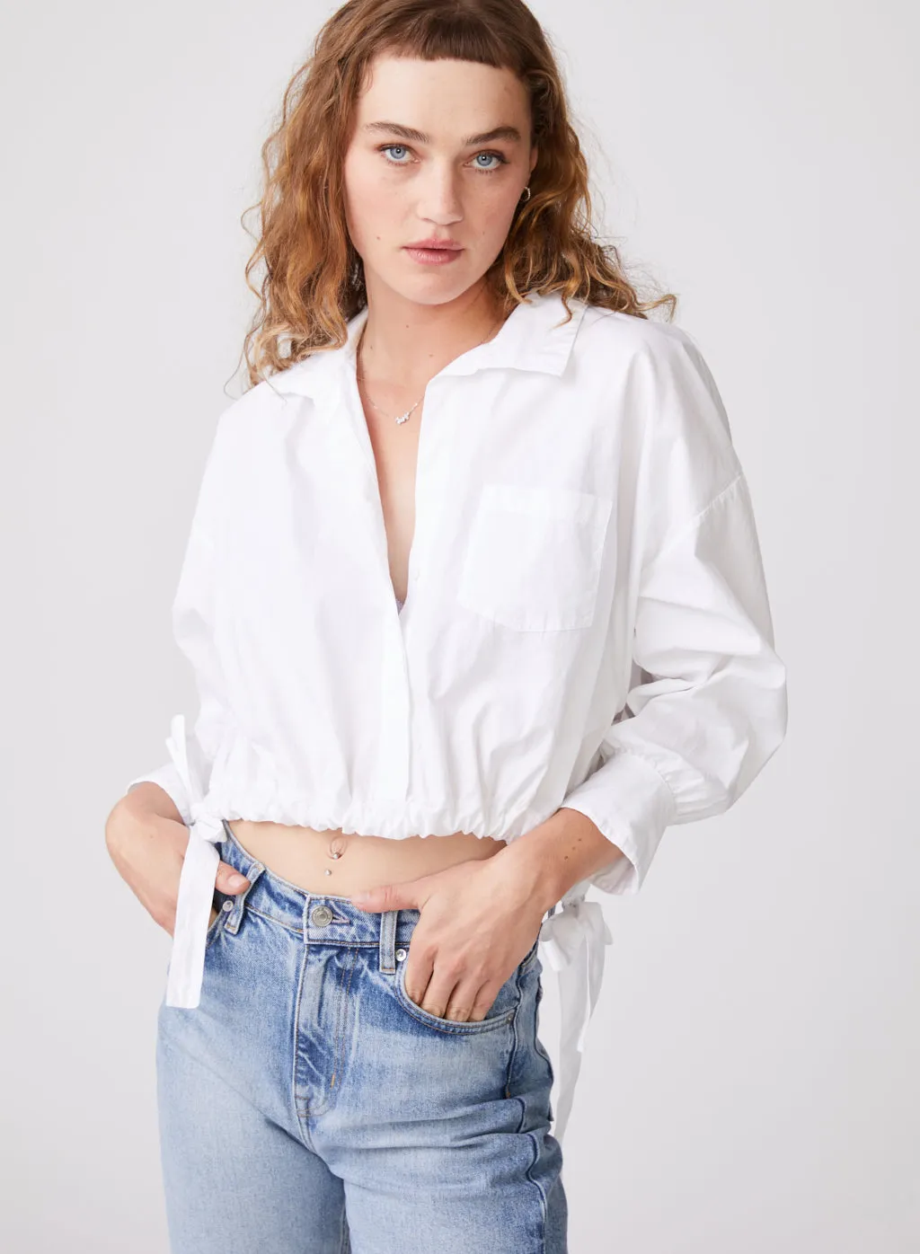 Structured Poplin Tie Hem Shirt in White sold by Stateside
