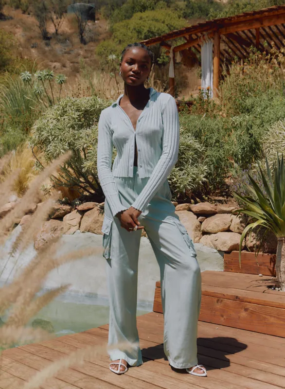 Viscose Satin Cargo Pant in Honeydew sold by Stateside