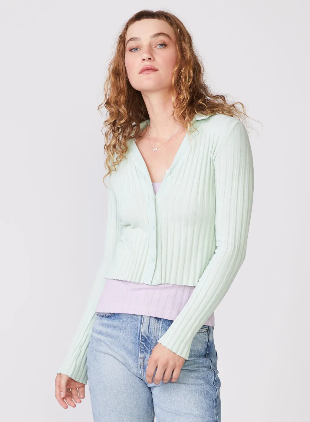 Stateside Farmboy Rib Cropped Collared Cardigan in Honeydew sold by Stateside product image thumbnail 3