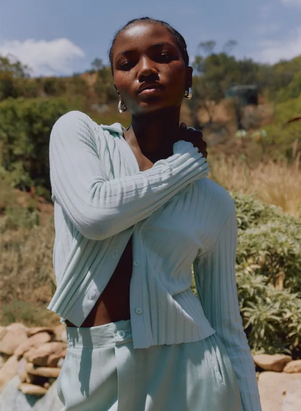 Stateside Farmboy Rib Cropped Collared Cardigan in Honeydew sold by Stateside