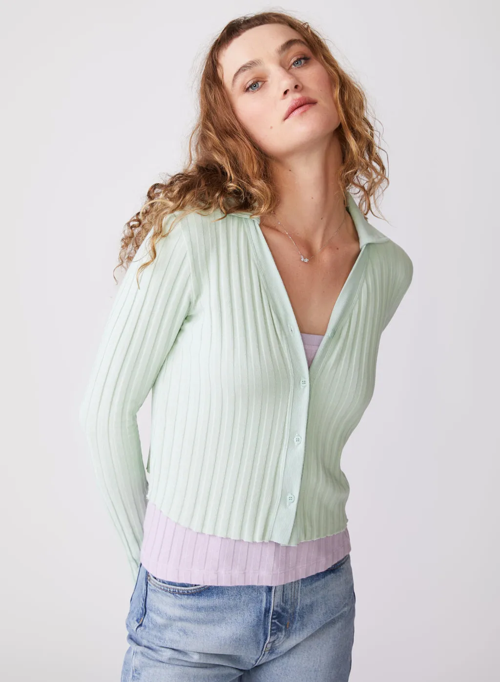 Stateside Farmboy Rib Cropped Collared Cardigan in Honeydew sold by Stateside product image thumbnail 2
