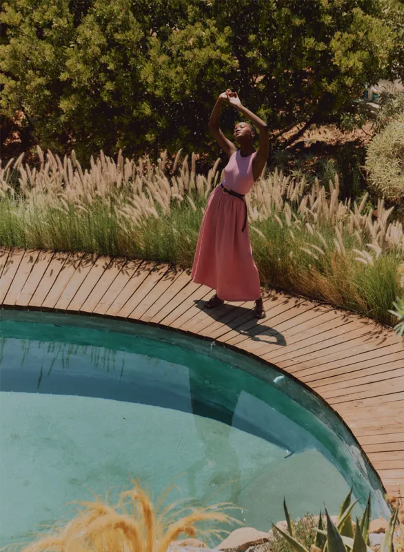 Stateside Linen Mixed Media High Neck Dress in Mauve Glow made by Stateside