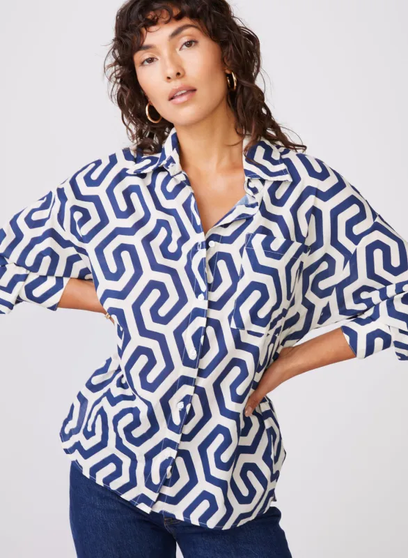 Geo Print Voile Oversized Shirt in New Navy sold by Stateside