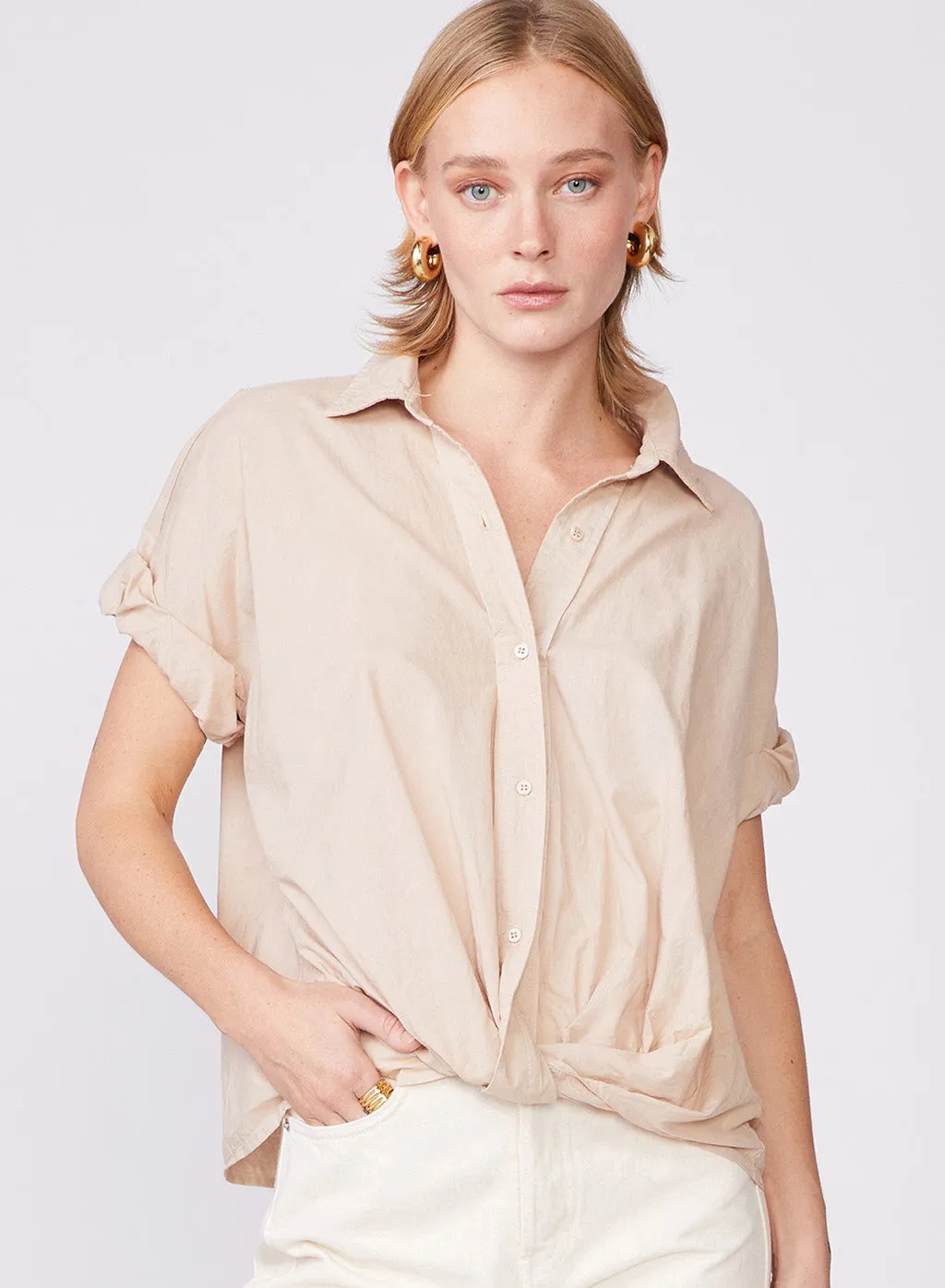 Voile Short Sleeve Front Twist Button Up Shirt in Wheat sold by Stateside product image thumbnail 2