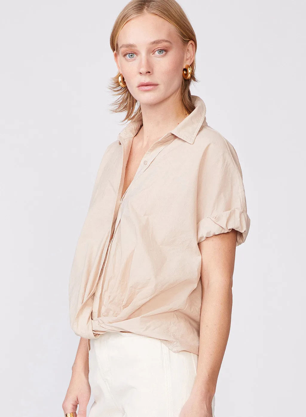 Voile Short Sleeve Front Twist Button Up Shirt in Wheat sold by Stateside product image thumbnail 5