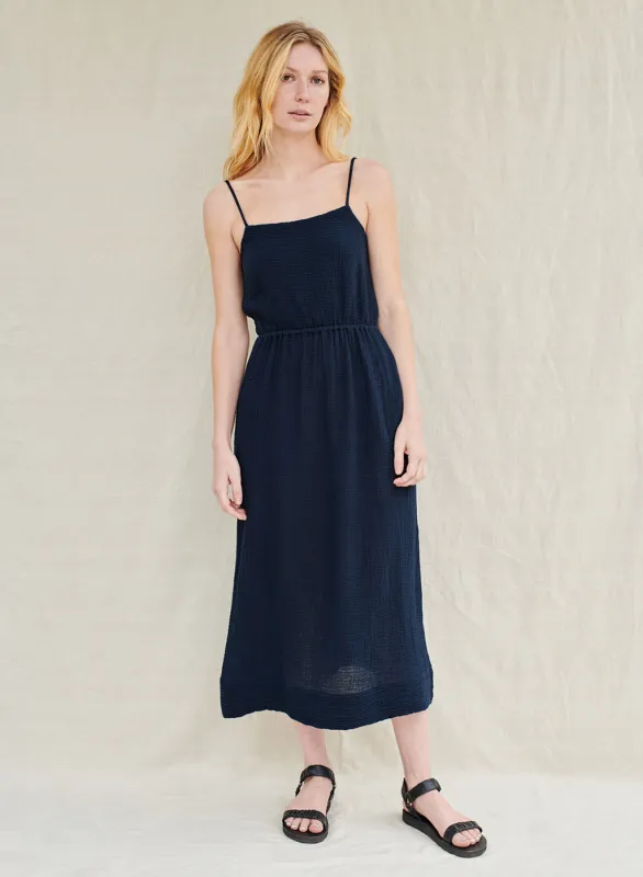Gauze Open Back Midi Dress in New Navy sold by Stateside