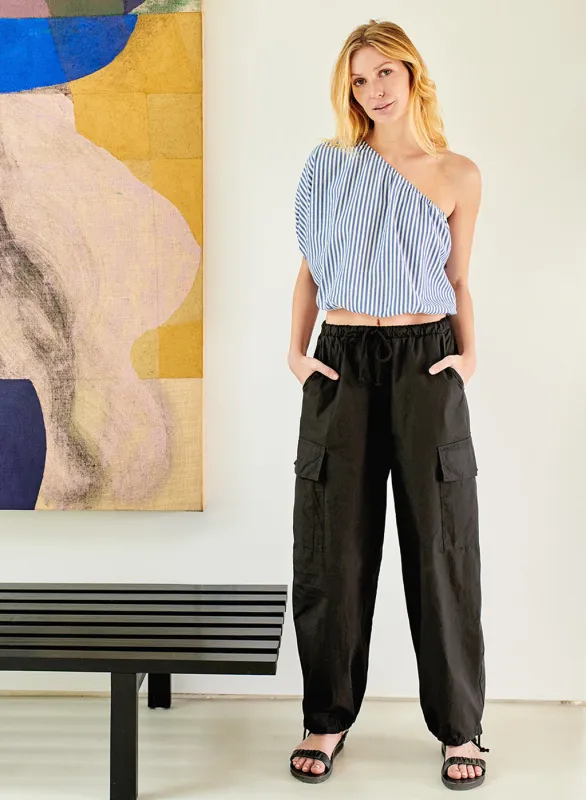 Structured Poplin Drawstring Cargo Pant in Black made by Stateside