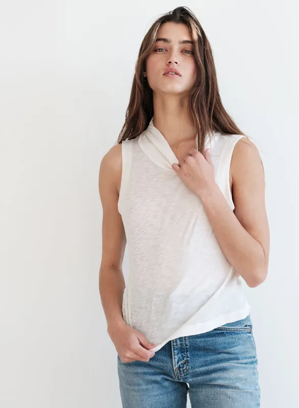 Supima Slub Sleeveless Ruched Neck Top in Cream sold by Stateside