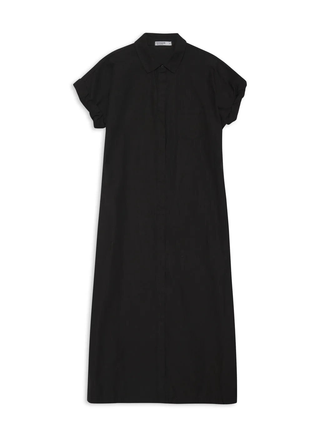 Structured Poplin Rolled Sleeve Midi Shirt Dress in Black sold by Stateside