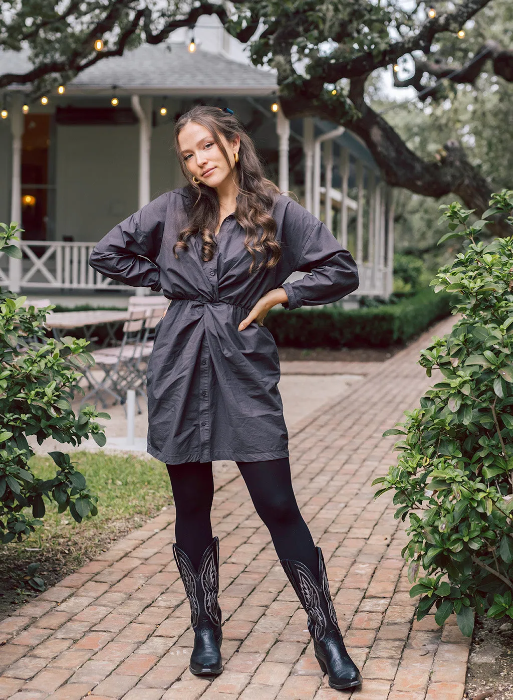 Structured Poplin Front Twist Shirt Dress in Ash sold by Stateside