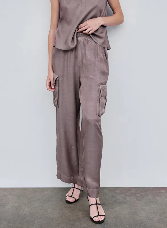 Viscose Satin Cargo Pant in Walnut sold by Stateside
