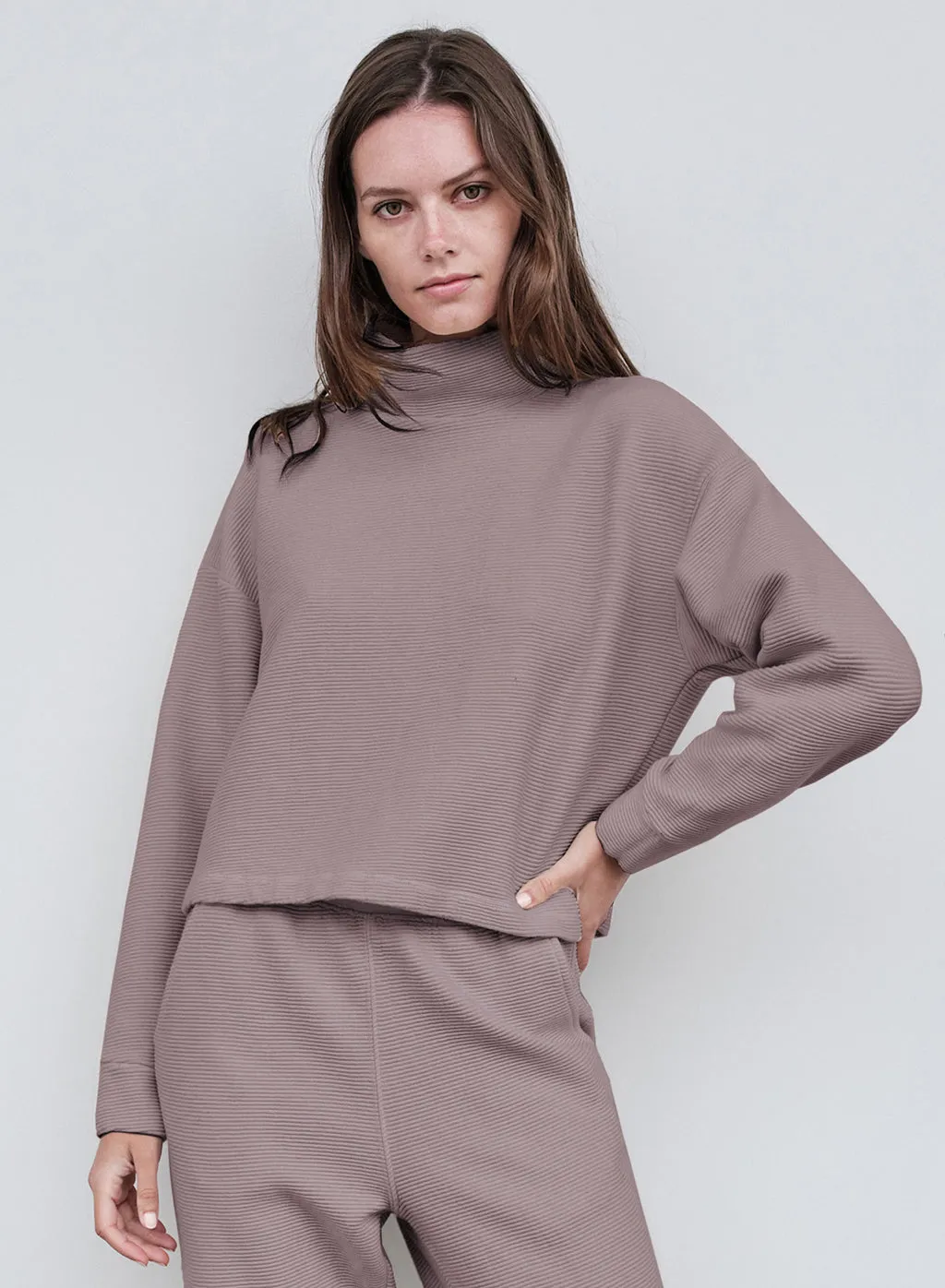 Horizontal Rib Mock Neck Pullover in Walnut sold by Stateside product image thumbnail 4