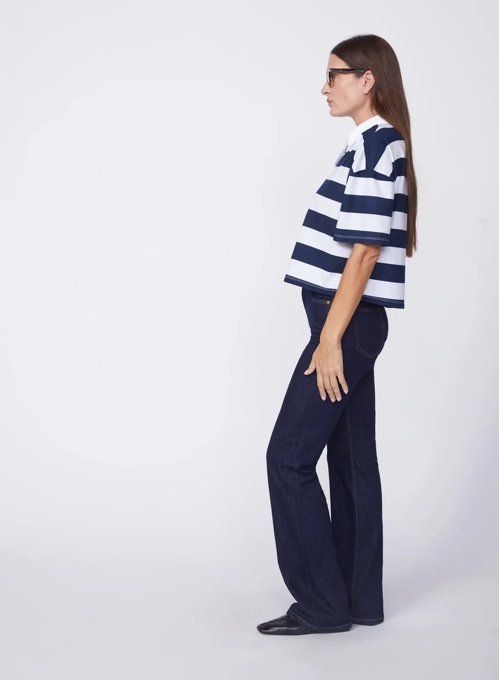 Navy Rugby Stripe Short Sleeve Boxy Polo in White sold by Stateside product image thumbnail 4