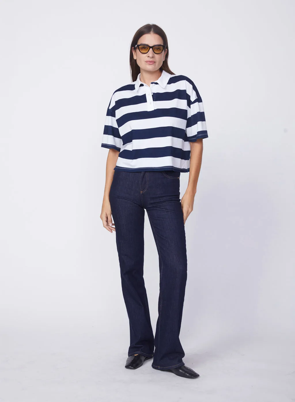 Navy Rugby Stripe Short Sleeve Boxy Polo in White sold by Stateside product image thumbnail 3