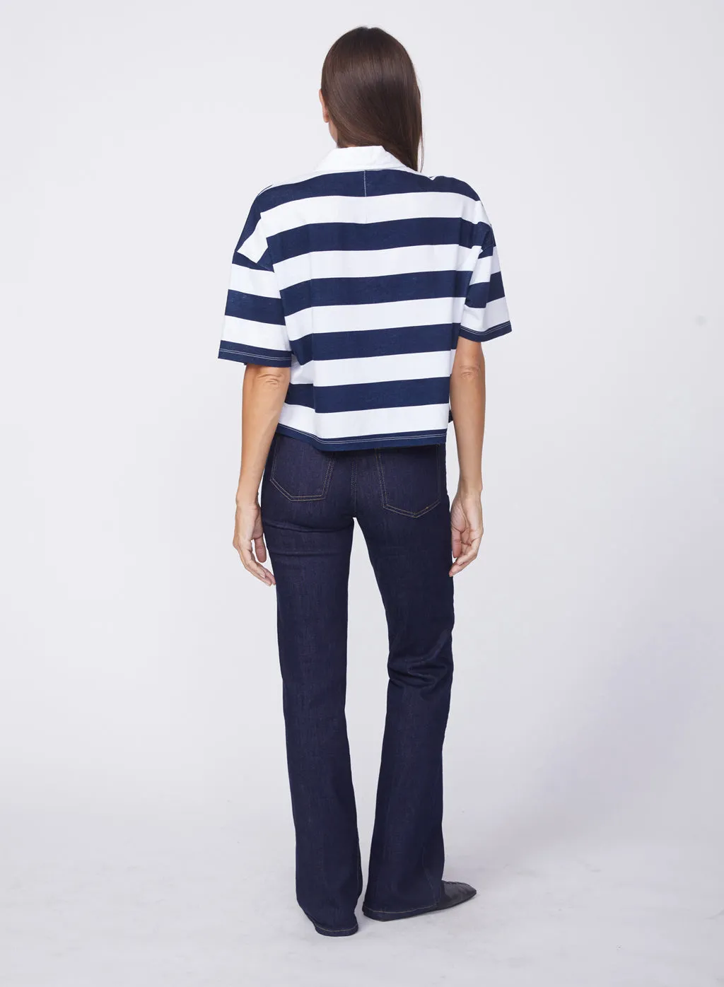 Navy Rugby Stripe Short Sleeve Boxy Polo in White sold by Stateside product image thumbnail 5