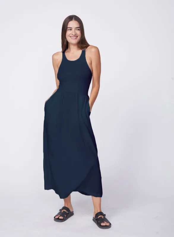 Linen Racerback Mix Media Midi Dress in New Navy sold by Stateside