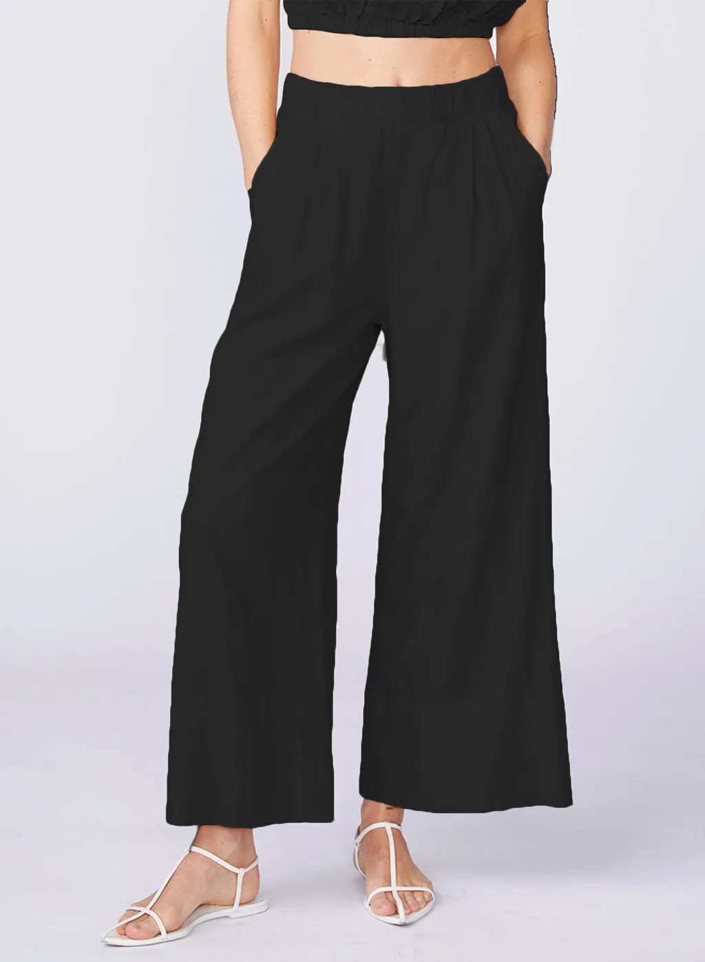 Linen Wide Leg Pull-On Pant in Black sold by Stateside
