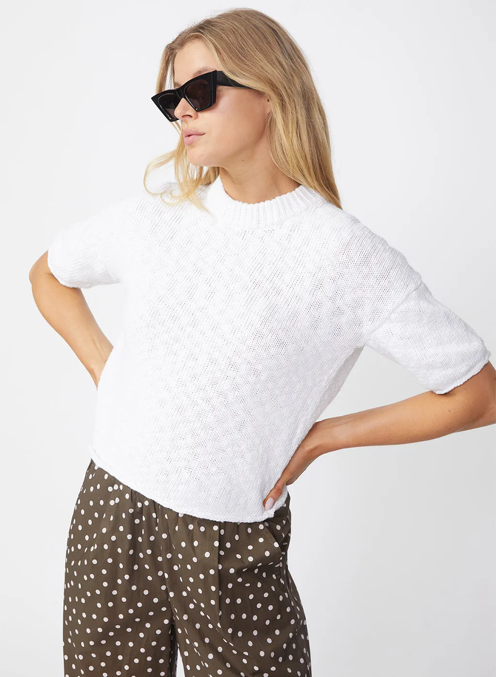 Cotton Linen Short Sleeve Sweater in White sold by Stateside